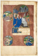 Leaf from a Book of Hours:  Presentation in the Temple with Roundels of the Casting of Lots, the