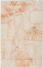 A Draped Female Figure (possibly an Amazon) and Architectural Studies (verso), c. 1525. Attributed