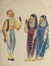 Vaishnava Devotee with Two Women, 1800s. India, Calcutta, Kalighat painting, 19th century. Black