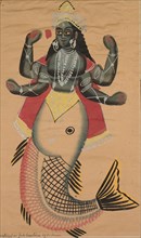 Matsya, Fish Avatara of Vishnu, 1800s. India, Calcutta, Kalighat painting, 19th century. Black ink,