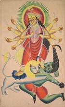 Durga Killing the Demon Mahisha, 1800s. India, Calcutta, Kalighat painting, 19th century. Black