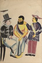 Jailer Receiving the Mahant of Tarakeshwar in Prison, 1800s. India, Calcutta, Kalighat painting,