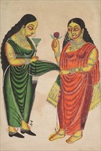 Maid Bringing a Hookah to a Lady, 1800s. India, Calcutta, Kalighat painting, 19th century. Black