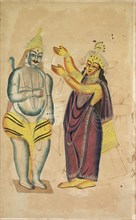 Parvati Placing a Wedding Garland on Shiva, 1800s. India, Calcutta, Kalighat painting, 19th century
