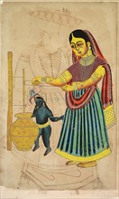 Yasoda Churning Butter, 1800s. India, Calcutta, Kalighat painting, 19th century. Black ink, color