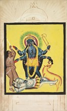 Kali Standing on Shiva, 1800s. India, Calcutta, Kalighat painting, 19th century. Black ink and