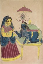 Baby Krishna Asking for Butter from Yashoda, 1800s. India, Calcutta, Kalighat painting, 19th
