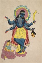 Krishna as Kali Worshipped by Radha, 1800s. India, Calcutta, Kalighat painting, 19th century. Black