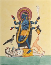 Kali, 1800s. India, Calcutta, Kalighat painting, 19th century. Black in and color paint on paper;