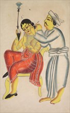 Barber Cleaning a Woman’s Ear, 1800s. India, Calcutta, Kalighat painting, 19th century. Black ink,