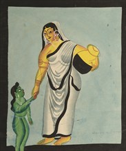Yasoda Taking the Infant Krishna for a Walk, 1800s. India, Calcutta, Kalighat painting, 19th