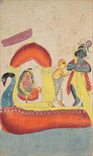 Krishna Ferrying Radha Across the Yamuna River, 1800s. India, Calcutta, Kalighat painting, 19th