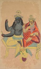 Vishnu and Lakshmi, 1800s. India, Calcutta, Kalighat painting, 19th century. Black ink, watercolor,