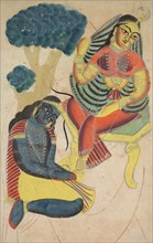 Krishna Stroking Radha's Feet, 1800s. India, Calcutta, Kalighat painting, 19th century. Black ink,
