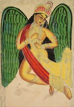 Winged Apsara with a Horn, 1800s. India, Calcutta, Kalighat painting, 19th century. Black ink,