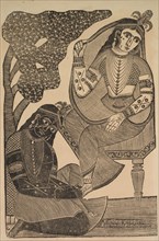 Krishna Stroking Radha's Feet, 1800s. Shri Gobinda Chandra Roy. Woodcut with black ink on paper;