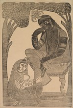 Radha Stroking Krishna's Feet, 1800s. Shri Gobinda Chandra Roy. Woodcut with black ink on paper;