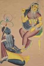 Krishna Stroking Radha's Feet, 1800s. India, Calcutta, Kalighat painting, 19th century. Black ink,