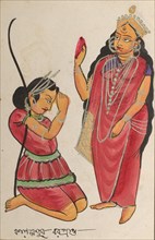 Kalaketu Receiving a Boon from the Goddess Chandi, 1800s. India, Calcutta, Kalighat painting, 19th