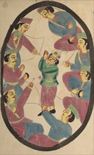 Seven Heroes or Warriors Killing Abhimanya, Son of Arjuna, 1800s. India, Calcutta, Kalighat