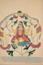 Gajalakshmi: Lakshmi with Elephants, 1800s. India, Calcutta, Kalighat painting, 19th century. Black