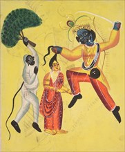 Rama and Hanuman, Holding an Uprooted Tree, Rescues Sita , 1800s. India, Calcutta, Kalighat