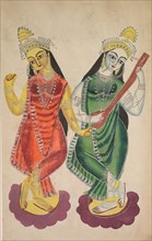 Goddesses Lakshmi and Sarasvati, 1800s. India, Calcutta, Kalighat painting, 19th century. Black