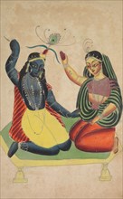 Radha and Krishna, 1800s. India, Calcutta, Kalighat painting, 19th century. Black ink, watercolor,