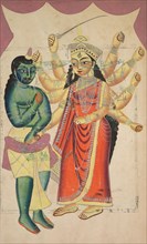 Durga, 1800s. India, Calcutta, Kalighat painting, 19th century. Black ink, color and silver paint,
