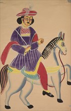 Raja Riding a Horse, 1800s. India, Calcutta, Kalighat painting, 19th century. Black ink, color