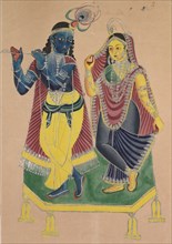 Radha and Krishna, 1800s. India, Calcutta, Kalighat painting, 19th century. Black ink, color and