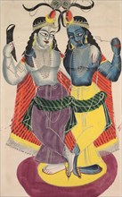 Balarama and Krishna, 1800s. India, Calcutta, Kalighat painting, 19th century. Black ink,