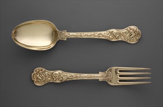 Dessert Fork and Spoon with Hunt Scenes, c. 1822. Paul Storr (British, 1771-1844). Gilt silver;