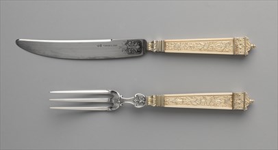 Dessert Knife and Fork , c. 1880. Maison Cardeilhac (French). Gilt silver and ivory