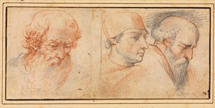 Three Head Studies, 1600s. Italy, 17th century. Red and black chalk; sheet: 8.4 x 18.6 cm (3 5/16 x