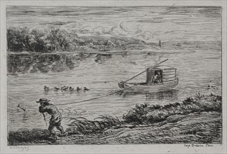 The Boat Trip: Cabin Boy Hauling the Tow-Rope or Hauling by Rope, 1861. Charles François Daubigny