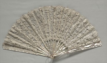 Lace Fan, c. 1860. Belgium, 19th century. Brussels bobbin lace; linen; frame: mother-of-pearl and