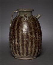 Ewer, 800s. China, Hunan province, Tang dynasty (618-907). Stoneware with olive-green glaze and