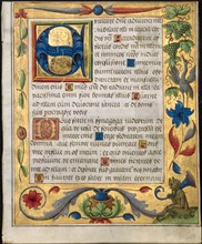 Leaf from a Psalter and Prayerbook: Initial E with Ornamental Border Containing a Seated Satyr and