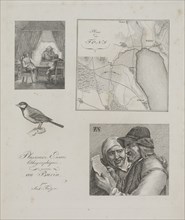 Art of the Lithograph: Four Engraving Samples, War Tent, Map of Toni, Bird, Dutch Farmer and Woman,