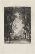 Plate 7, Traité de la Gravure à l'Eau-Forte: Traveler on a Road in a Forest, 1866. Maxime Lalanne