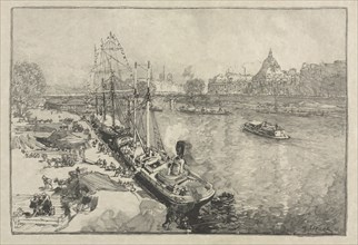 [Large Steamer Ship at Dock, Paris]. Auguste Louis Lepère (French, 1849-1918). Wood engraving;