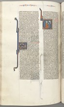 Fol. 354v, Amos, historiated initial V, Amos kneeling in prayer, bust of God above, c. 1275-1300.