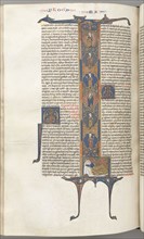 Fol. 391v, Matthew, full-length historiated initial L, the Tree of Jesse, with a sleeping Jesse at
