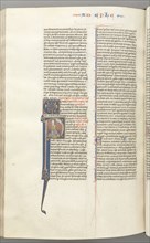 Fol. 450v, Ephesians, historiated initial P, Paul seated with a sword, the bust of God above, c.