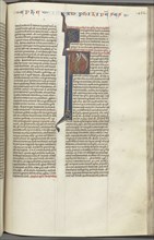 Fol. 452r, Philippians, historiated initial P, Paul standing with a sword and a scroll, talking to