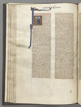 Fol. 62v, Deuteronomy, historiated initial H, Moses with horns and scroll preaching to two men, c.