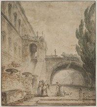 A Palace with an Arched Bridge (A Roman Villa), 1760. Hubert Robert (French, 1733-1808). Pen and