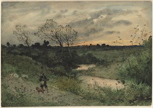 Dawn--Hunter with Dog, 1882. Henri Joseph Harpignies (French, 1819-1916). Watercolor; sheet: 37.6 x