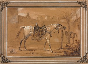 Saddled Arabian Horse in Courtyard, 1820. Carle Vernet (French, 1758-1836). Pen and brown ink,